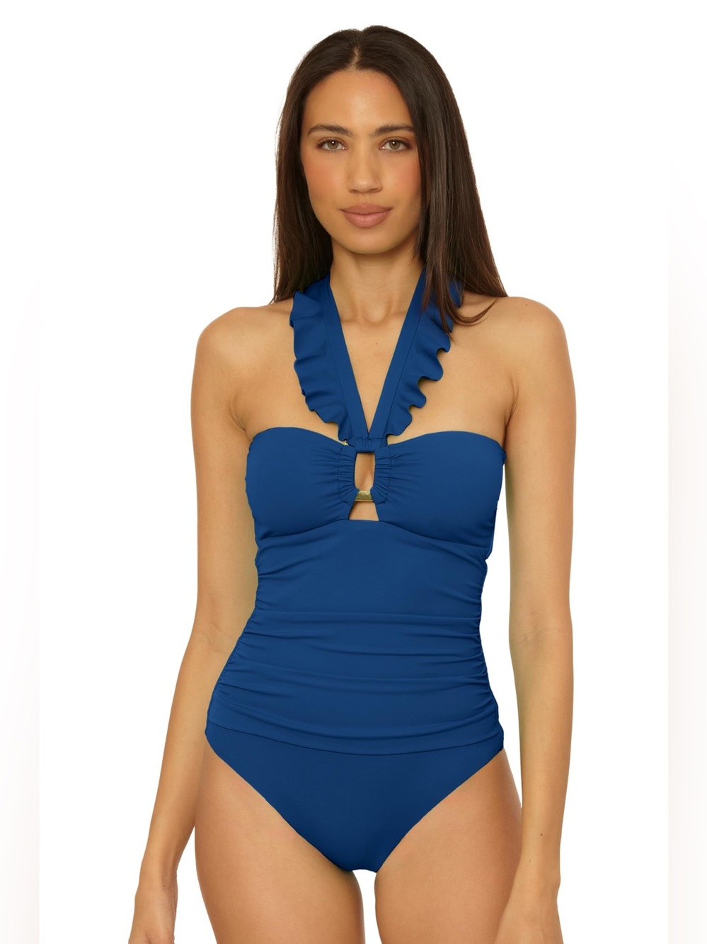 NWT Soluna One Piece Swimsuit Women 10 Ruched Halter Bathsuit Tummy Control Navy